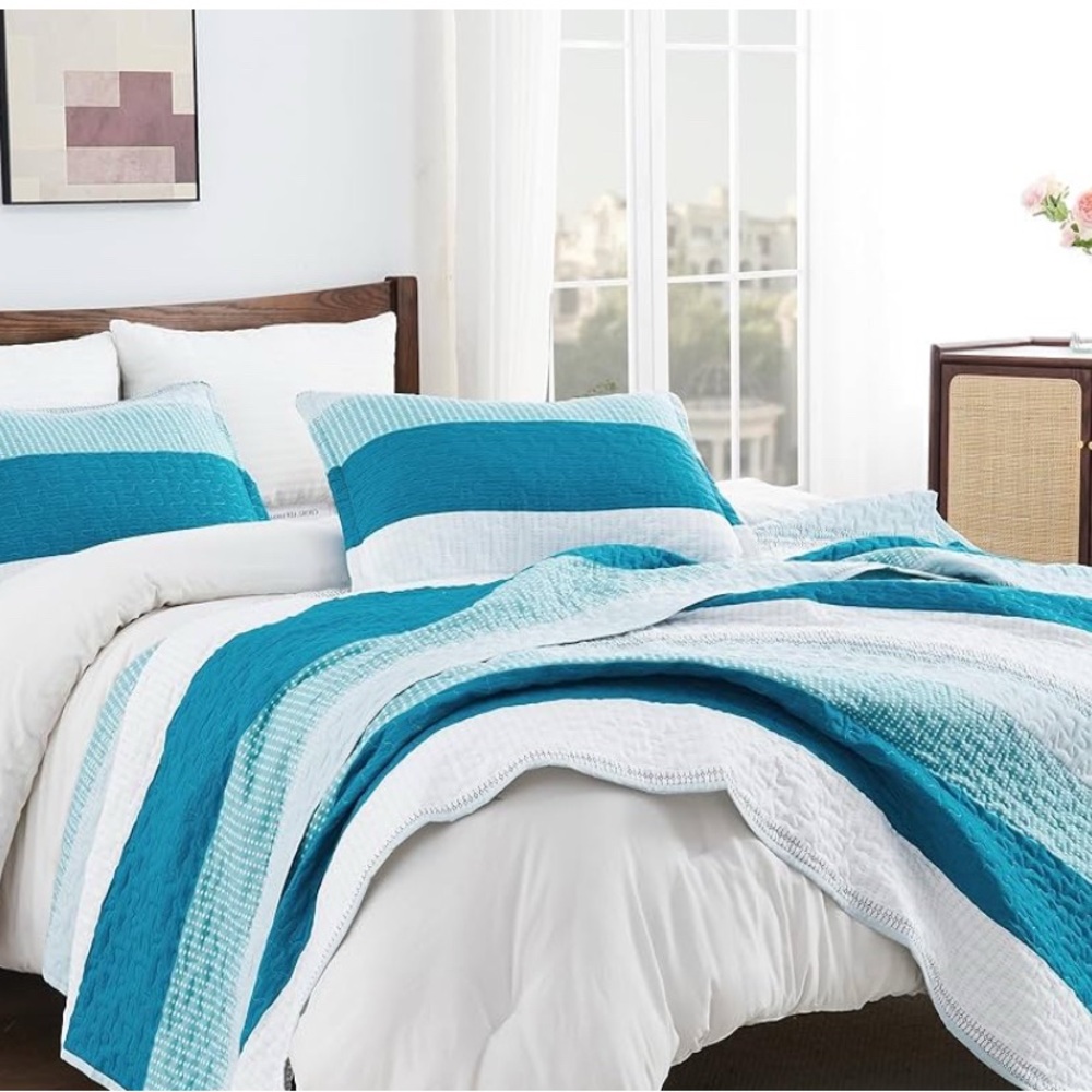 Teal and White Striped Quilt Set - Picture 3 of 5